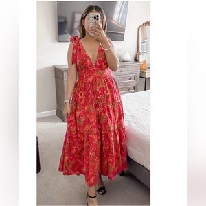 House of Harlow Red Floral Linen Midi Dress Size Medium